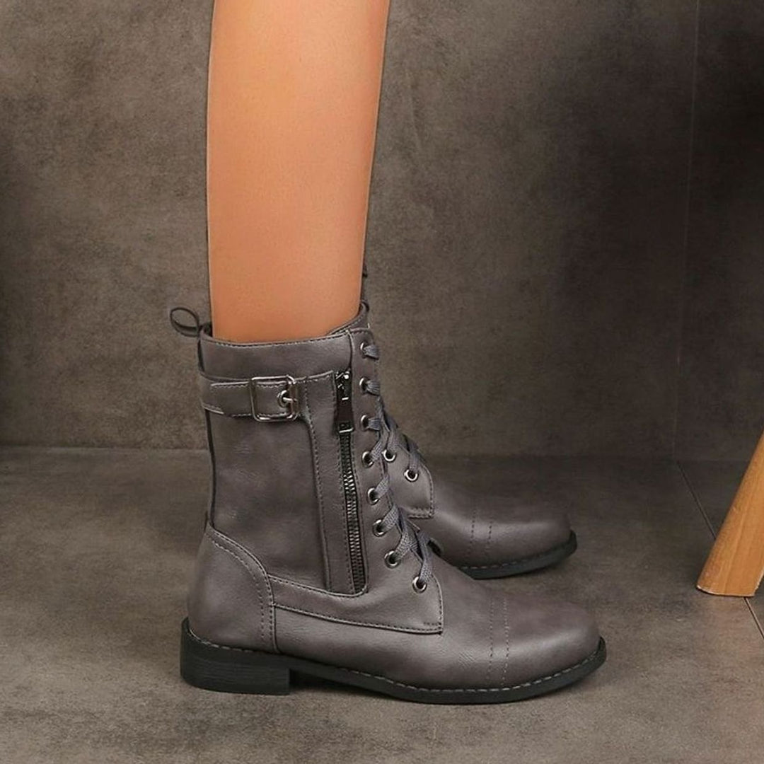 Damen Schnürstiefeletten Veganes Leder Reißverschluss Blockabsatz