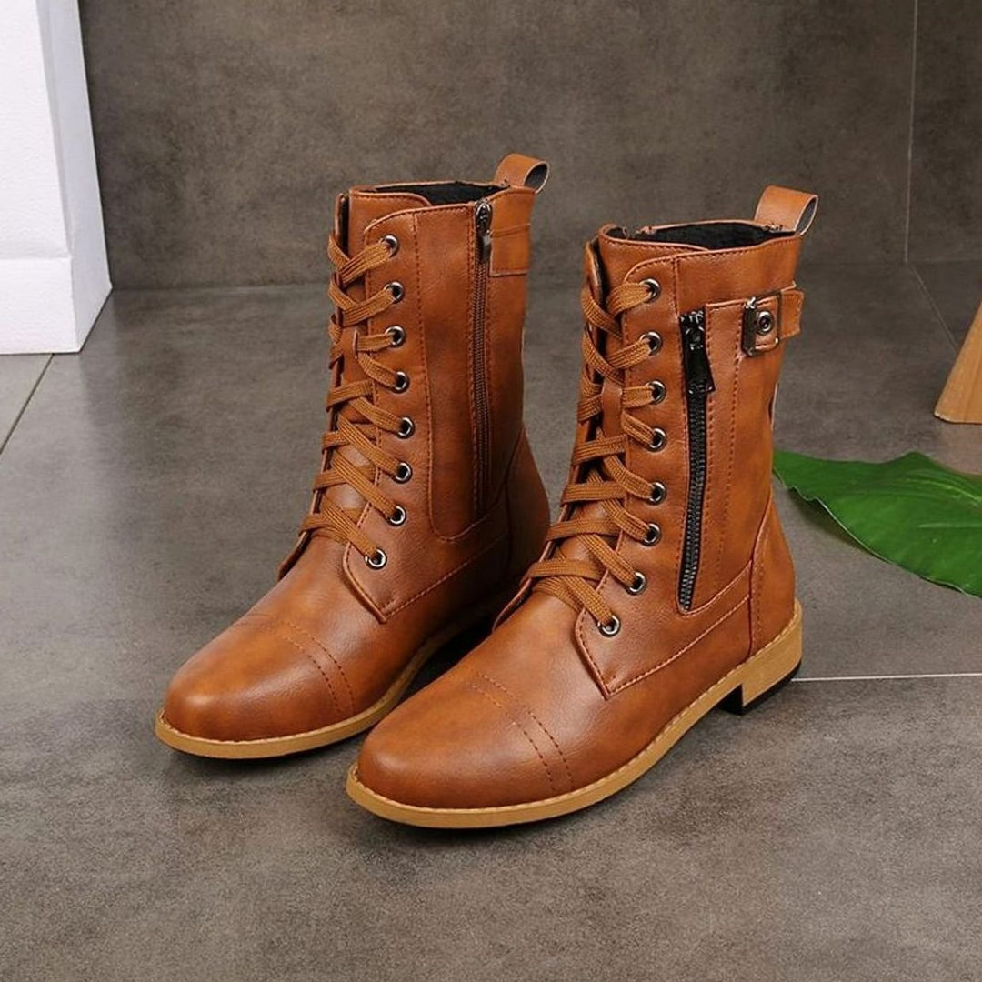 Damen Schnürstiefeletten Veganes Leder Reißverschluss Blockabsatz - Braun