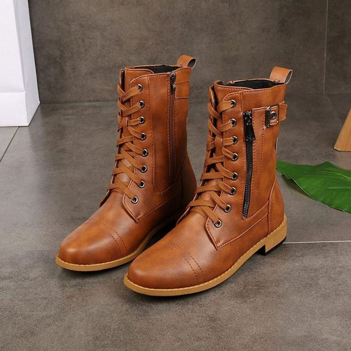 Damen Schnürstiefeletten Veganes Leder Reißverschluss Blockabsatz - Braun