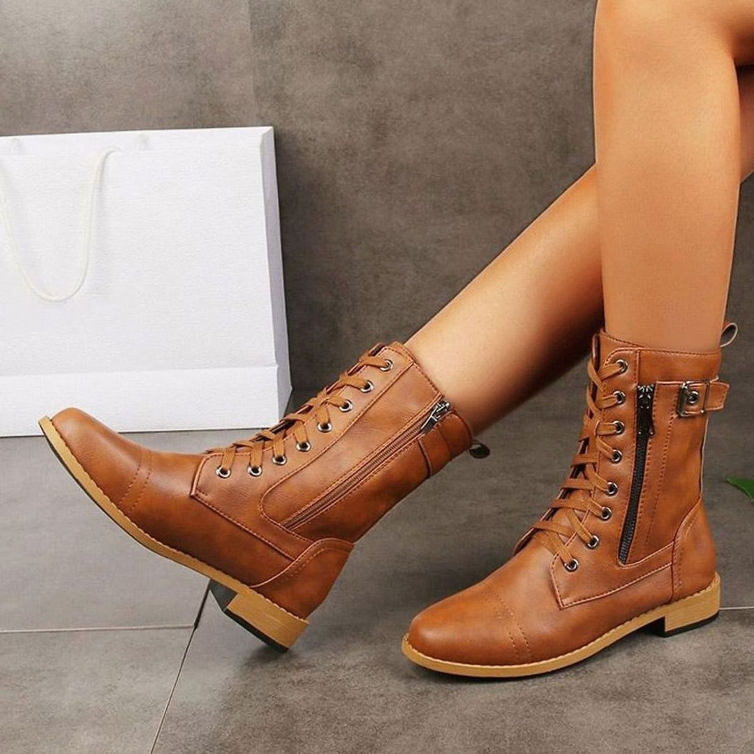 Damen Schnürstiefeletten Veganes Leder Reißverschluss Blockabsatz
