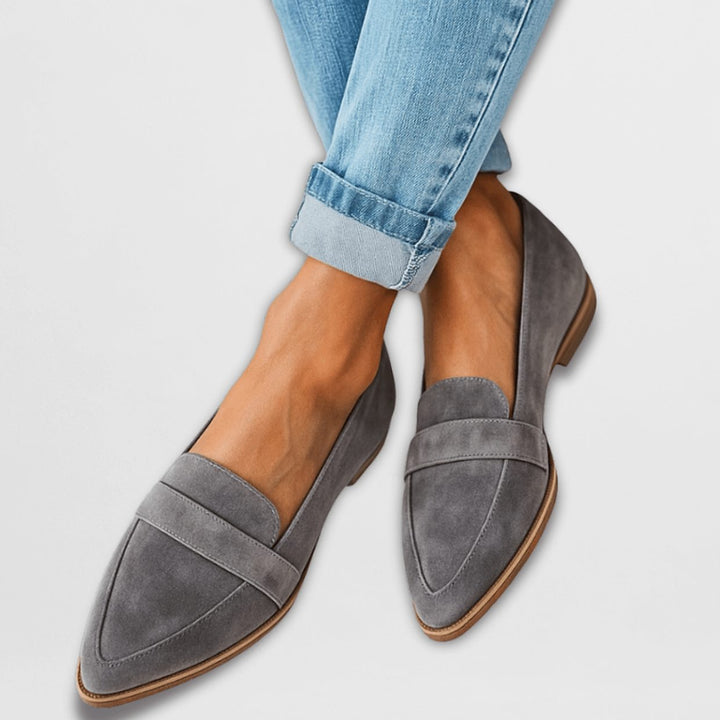 Damen Spitz Zulaufende Wildleder Loafer Flache Elegante Slipper - Grau