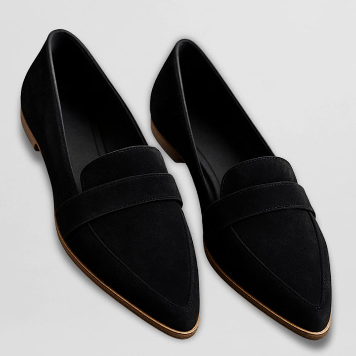 Damen Spitz Zulaufende Wildleder Loafer Flache Elegante Slipper - Schwarz