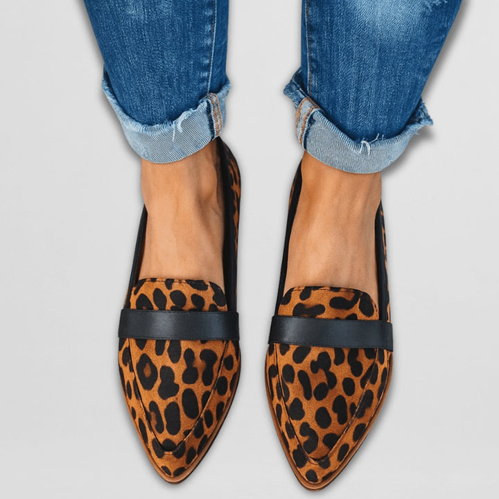 Damen Spitz Zulaufende Wildleder Loafer Flache Elegante Slipper - Leopard