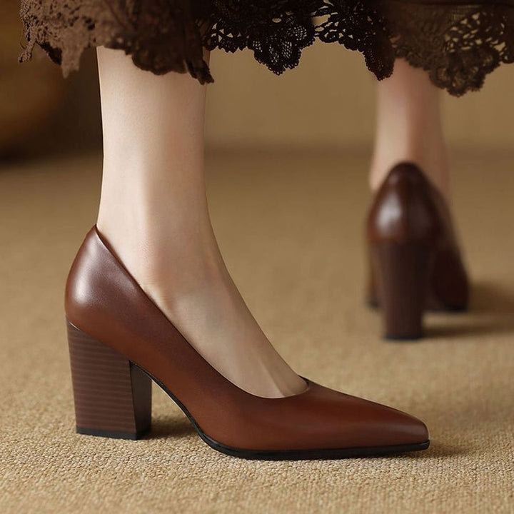 Damen Spitze Pumps High Heel mit stabilem Blockabsatz - Braun