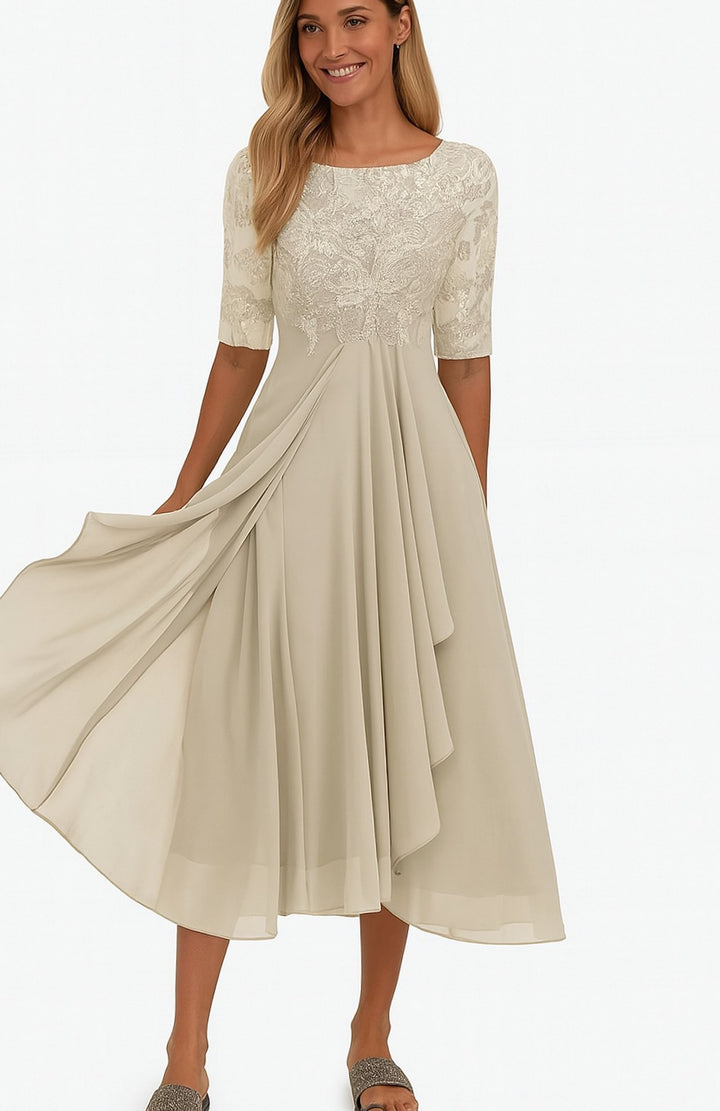 Damen Spitzen-Oberteil A-Linie Midi Kleid Halbarm Chiffon - Hellgelb