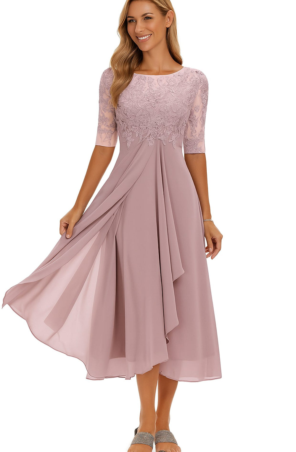 Damen Spitzen-Oberteil A-Linie Midi Kleid Halbarm Chiffon - Rosa