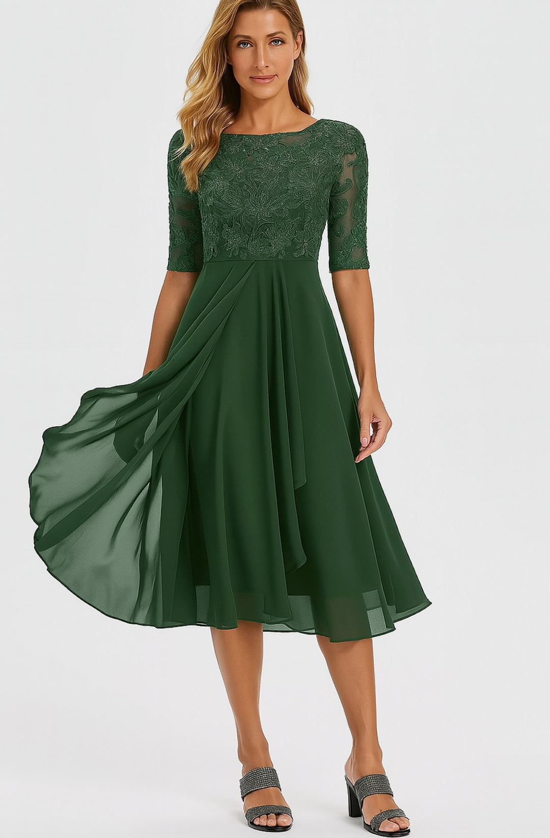 Damen Spitzen-Oberteil A-Linie Midi Kleid Halbarm Chiffon - Grün