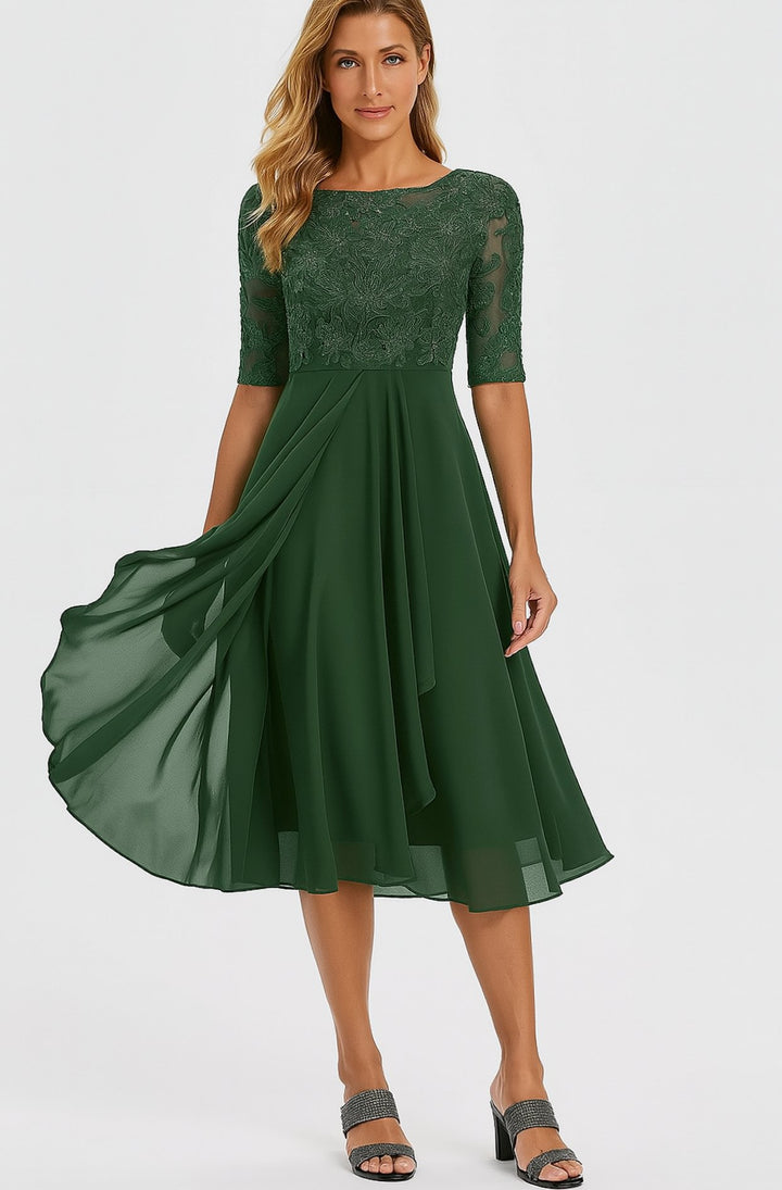 Damen Spitzen-Oberteil A-Linie Midi Kleid Halbarm Chiffon - Grün