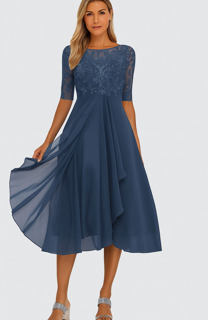 Damen Spitzen-Oberteil A-Linie Midi Kleid Halbarm Chiffon - Blau