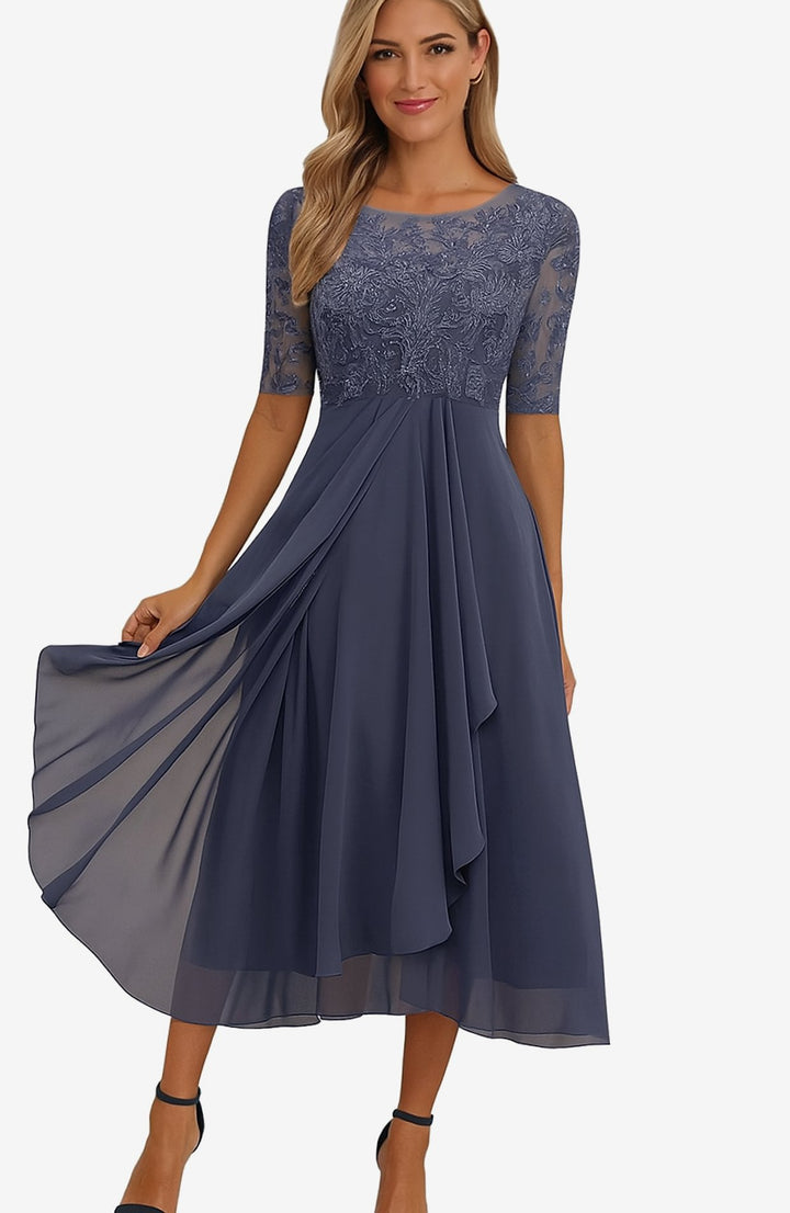 Damen Spitzen-Oberteil A-Linie Midi Kleid Halbarm Chiffon - Lila