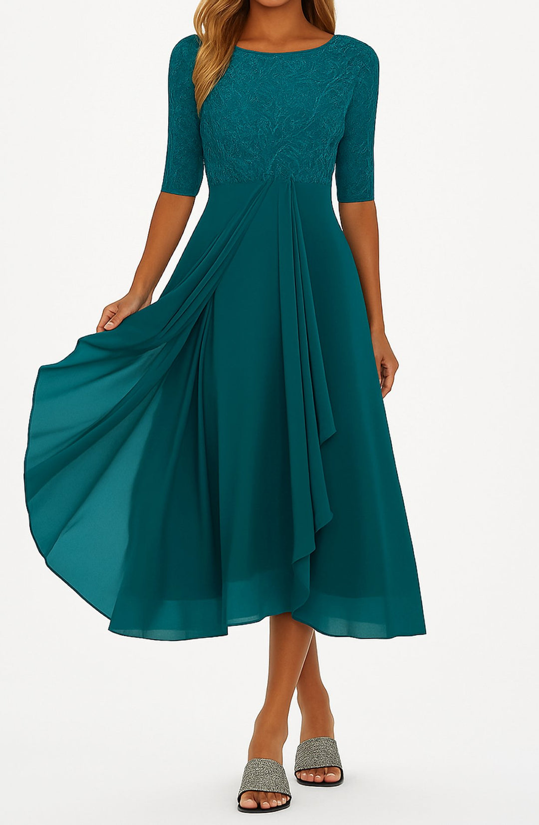 Damen Spitzen-Oberteil A-Linie Midi Kleid Halbarm Chiffon - Dunkelgrün