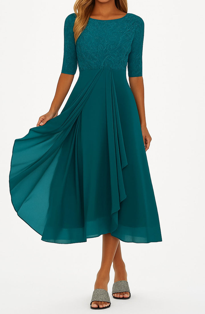 Damen Spitzen-Oberteil A-Linie Midi Kleid Halbarm Chiffon - Dunkelgrün