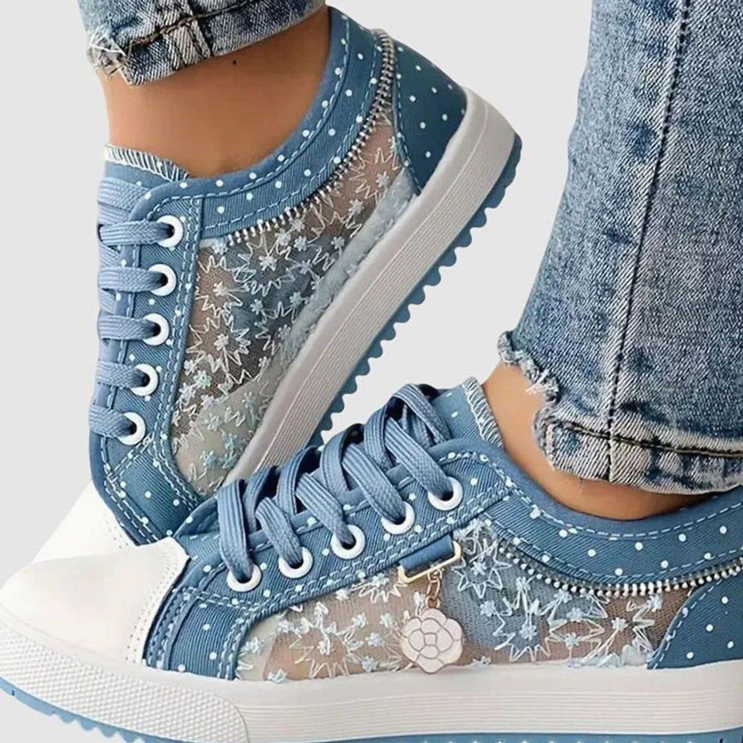 Damen Spitzen-Sneaker mit Reißverschluss Blumendetail Schnürschuh - Hellblau
