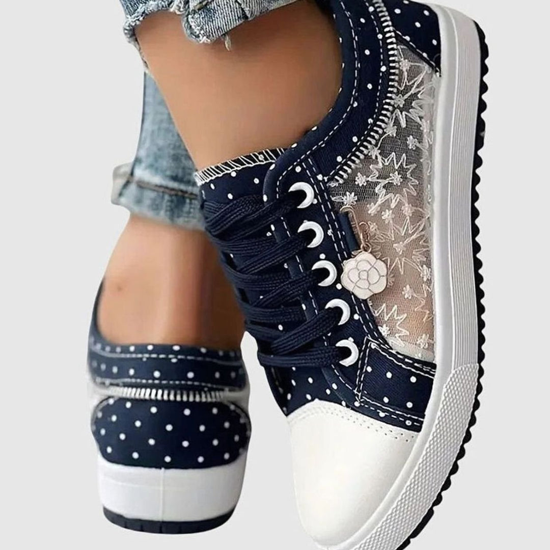 Damen Spitzen-Sneaker mit Reißverschluss Blumendetail Schnürschuh