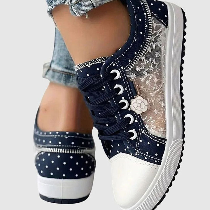 Damen Spitzen-Sneaker mit Reißverschluss Blumendetail Schnürschuh