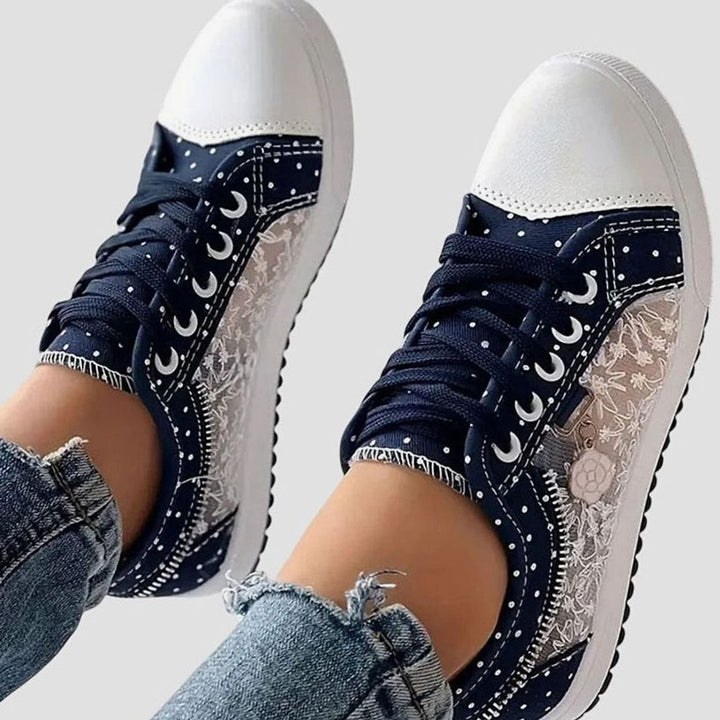 Damen Spitzen-Sneaker mit Reißverschluss Blumendetail Schnürschuh