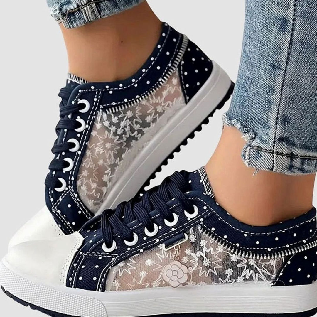 Damen Spitzen-Sneaker mit Reißverschluss Blumendetail Schnürschuh - Marineblau