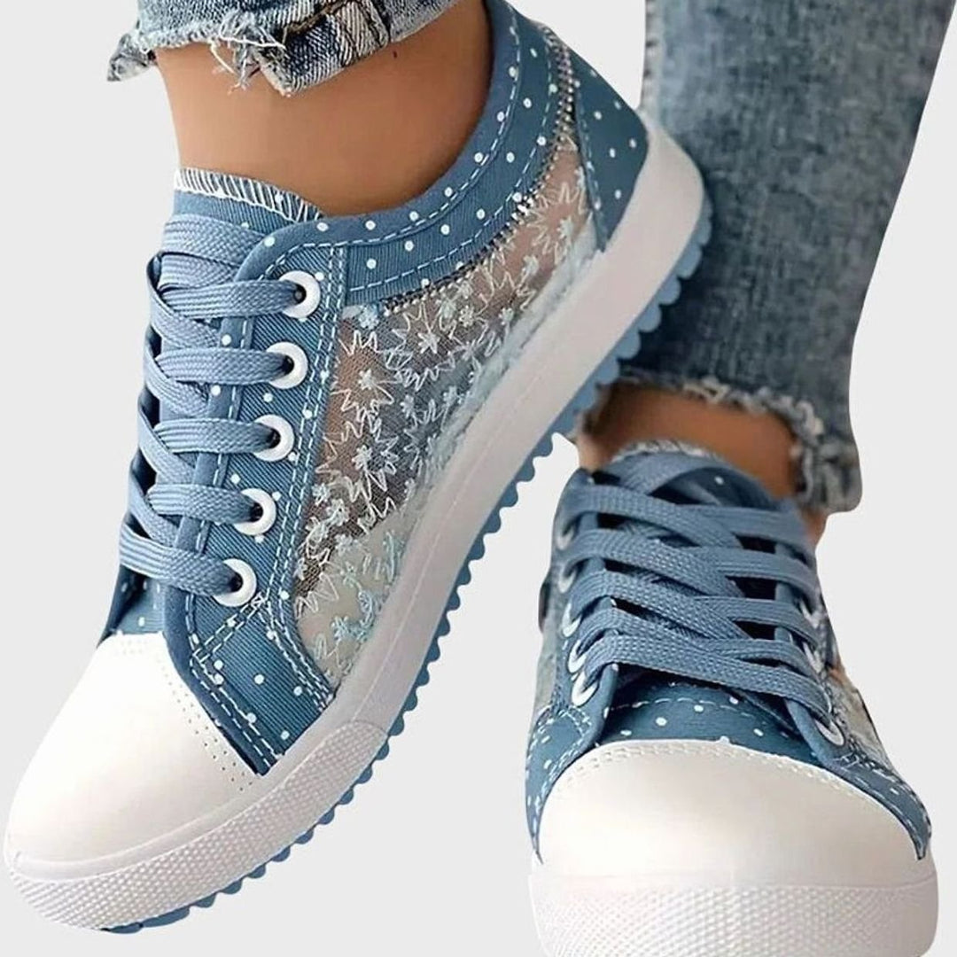 Damen Spitzen-Sneaker mit Reißverschluss Blumendetail Schnürschuh