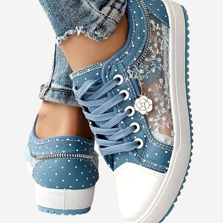 Damen Spitzen-Sneaker mit Reißverschluss Blumendetail Schnürschuh