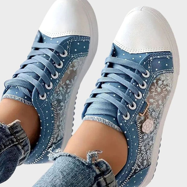 Damen Spitzen-Sneaker mit Reißverschluss Blumendetail Schnürschuh