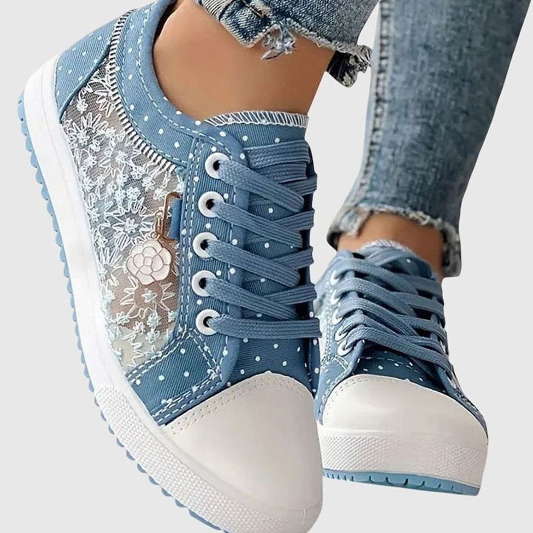 Damen Spitzen-Sneaker mit Reißverschluss Blumendetail Schnürschuh