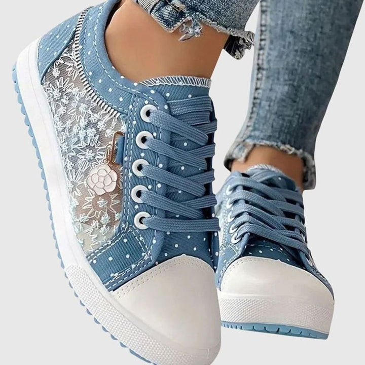 Damen Spitzen-Sneaker mit Reißverschluss Blumendetail Schnürschuh