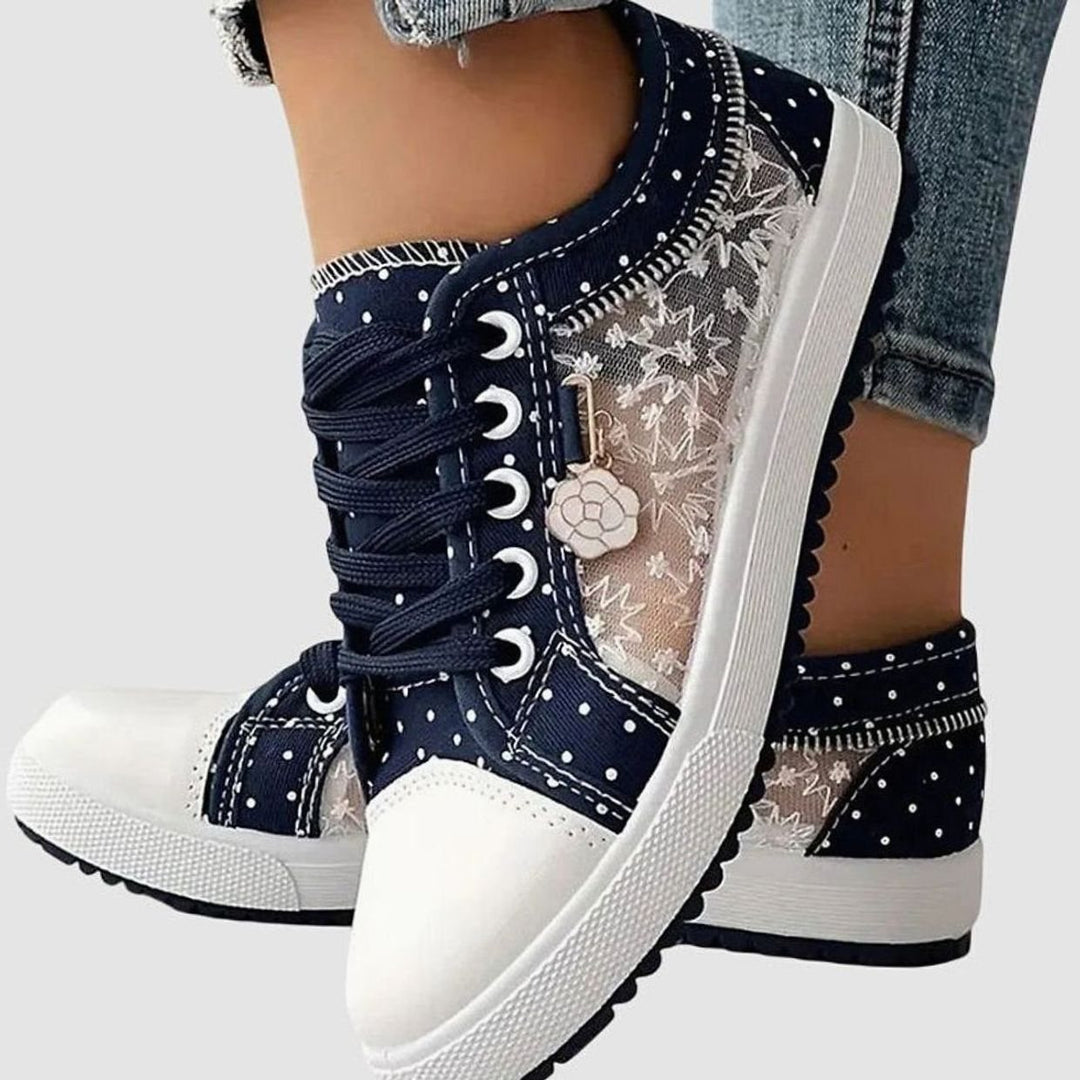 Damen Spitzen-Sneaker mit Reißverschluss Blumendetail Schnürschuh