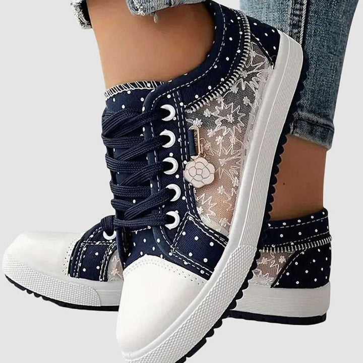 Damen Spitzen-Sneaker mit Reißverschluss Blumendetail Schnürschuh