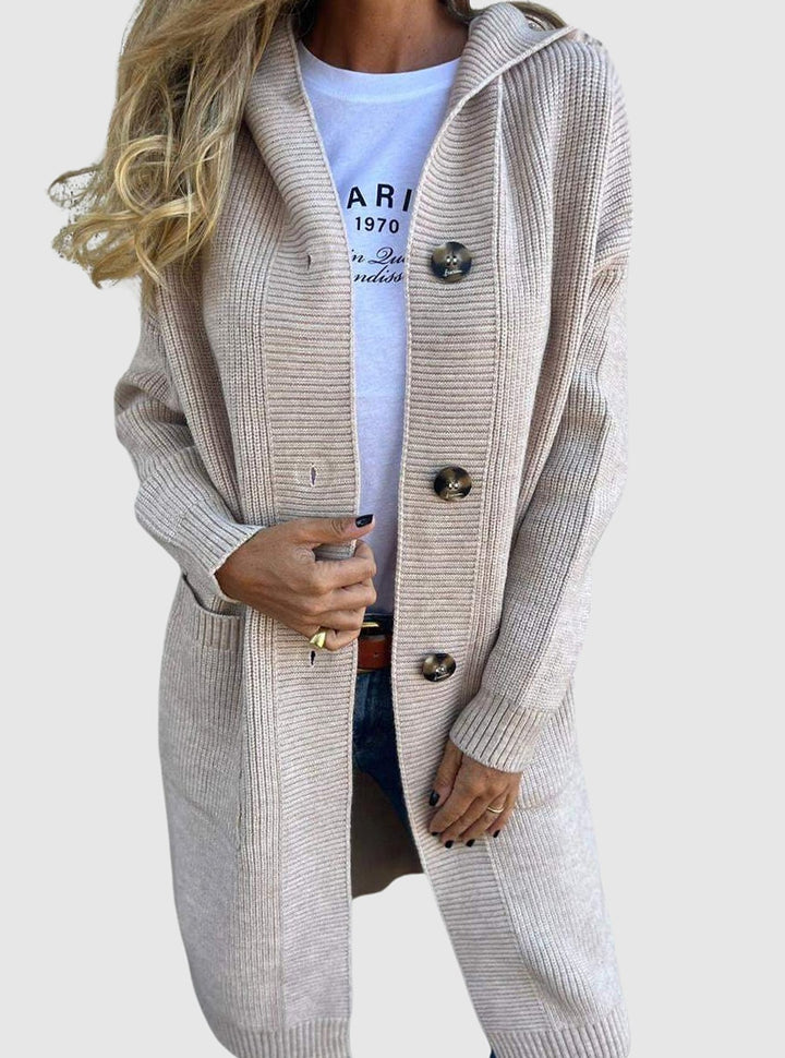 Damen Strickjacke mit Kapuze Langer Oversize-Cardigan mit Knopfleiste - Beige