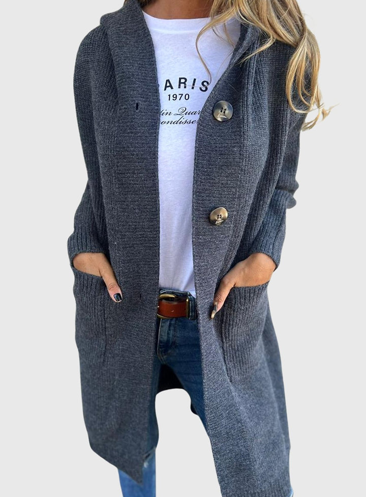 Damen Strickjacke mit Kapuze Langer Oversize-Cardigan mit Knopfleiste - Grau