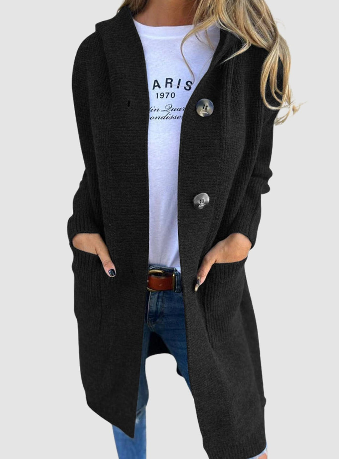 Damen Strickjacke mit Kapuze Langer Oversize-Cardigan mit Knopfleiste - Schwarz