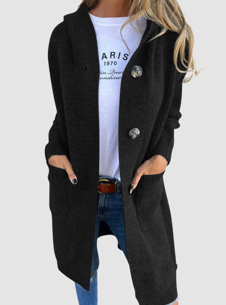 Damen Strickjacke mit Kapuze Langer Oversize-Cardigan mit Knopfleiste - Schwarz