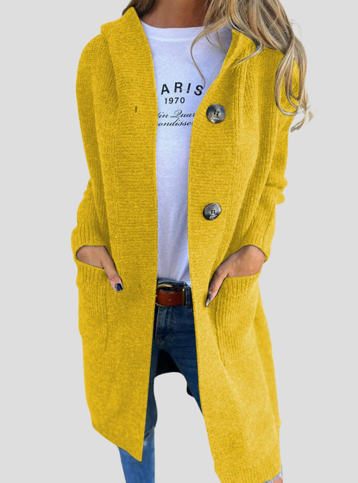 Damen Strickjacke mit Kapuze Langer Oversize-Cardigan mit Knopfleiste - Gelb