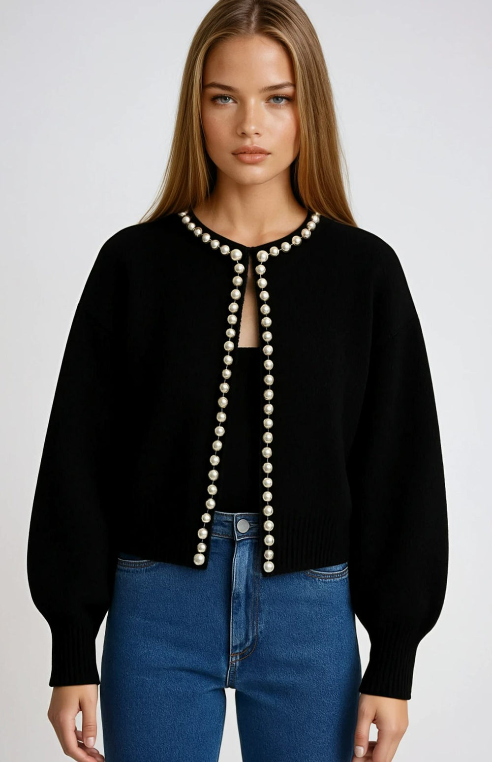 Damen Strickjacke mit Perlenbesatz Elegant Cropped