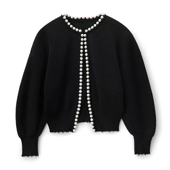 Damen Strickjacke mit Perlenbesatz Elegant Cropped - Schwarz