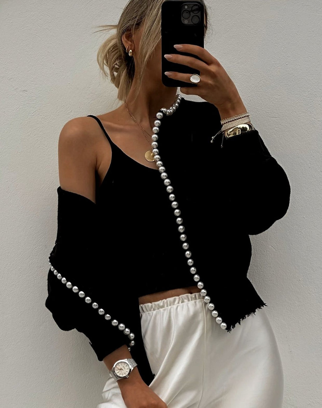 Damen Strickjacke mit Perlenbesatz Elegant Cropped