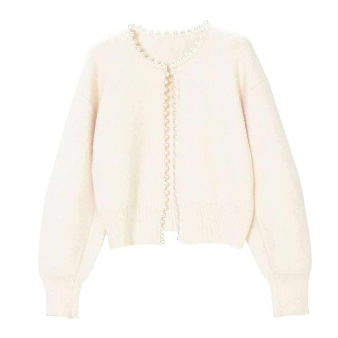 Damen Strickjacke mit Perlenbesatz Elegant Cropped - Weiß