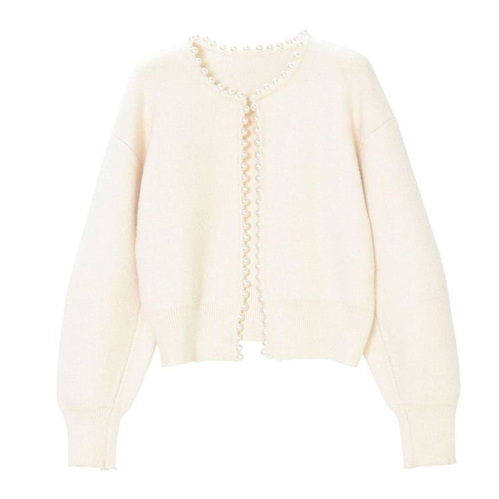 Damen Strickjacke mit Perlenbesatz Elegant Cropped - Weiß