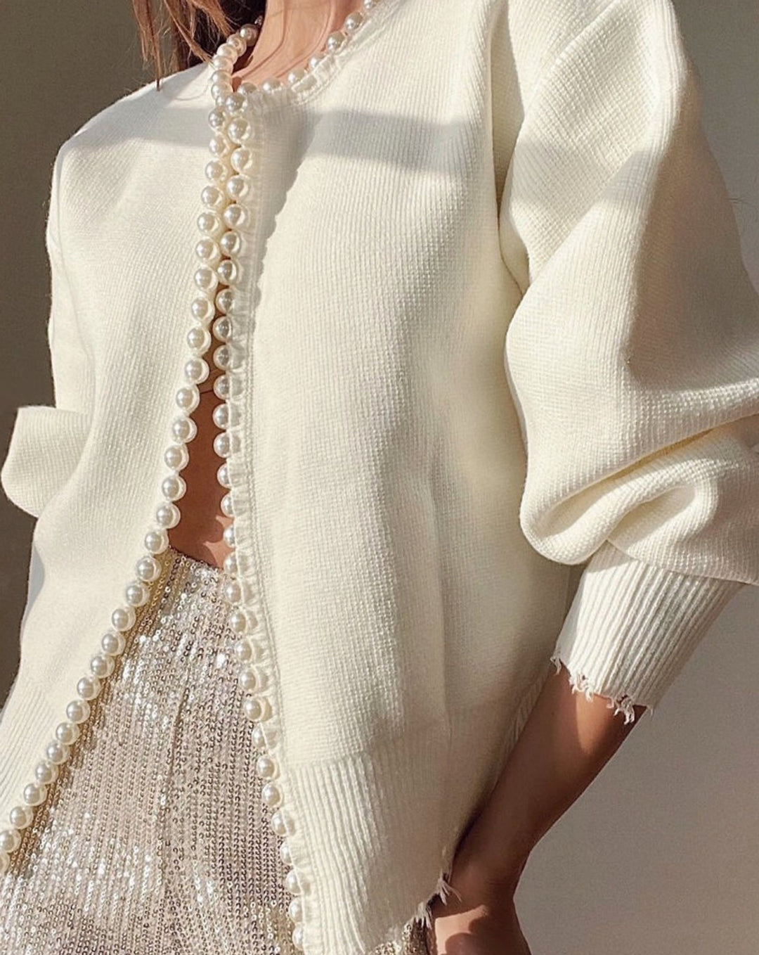 Damen Strickjacke mit Perlenbesatz Elegant Cropped