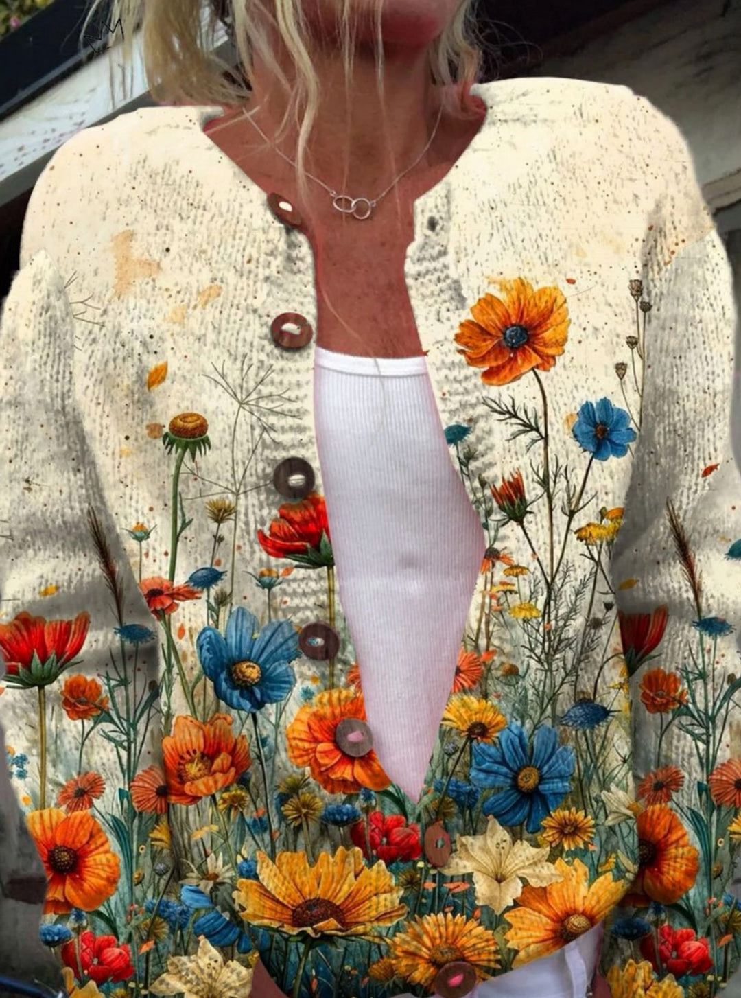 Damen Strickjacke mit Wildblumen-Print Offener Front Knopfleiste