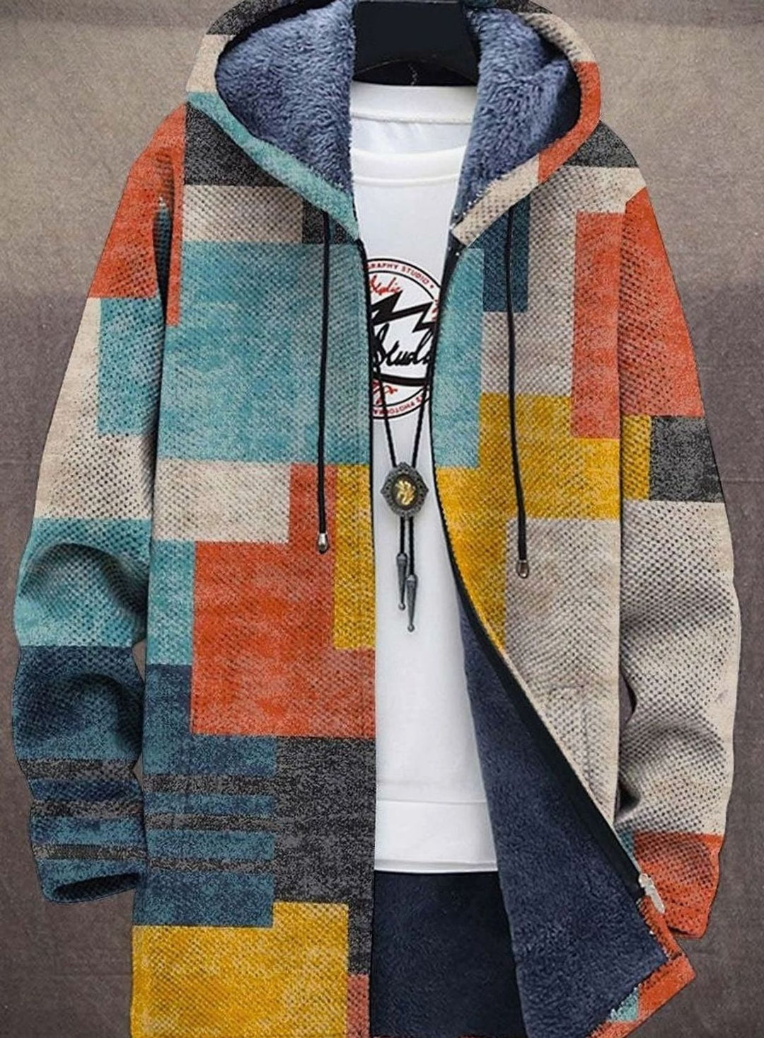 Damen Strickjacke Offen Colorblock-Muster Fleece-Futter mit Kapuze - Mehrfarbig Blau