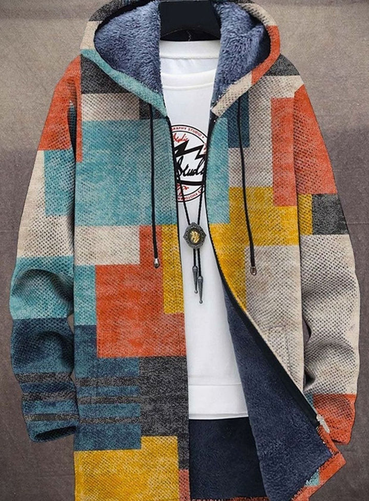 Damen Strickjacke Offen Colorblock-Muster Fleece-Futter mit Kapuze