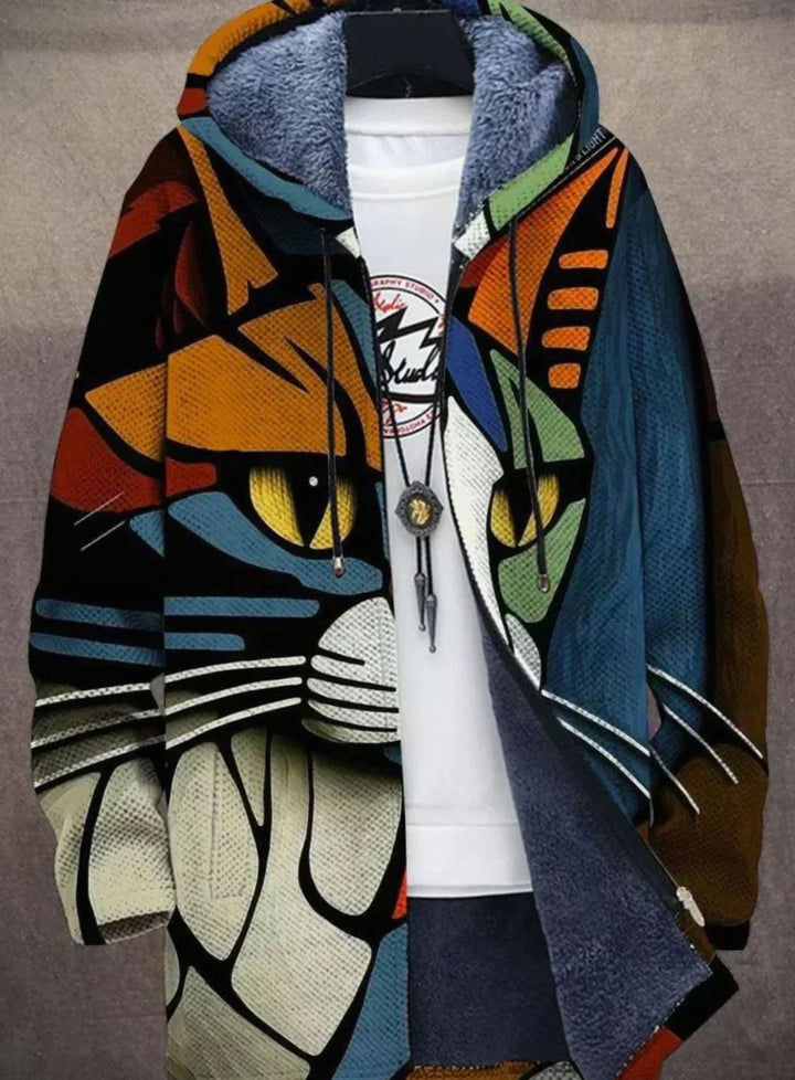 Damen Strickjacke Offen Colorblock-Muster Fleece-Futter mit Kapuze - Katze