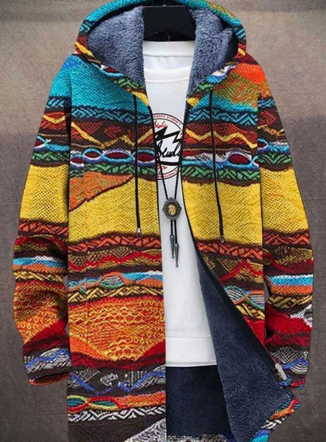 Damen Strickjacke Offen Colorblock-Muster Fleece-Futter mit Kapuze - Retro