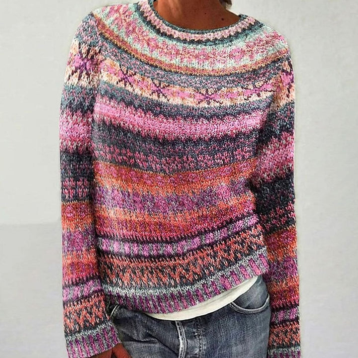 Damen Strickpullover Isländisches Muster Rundhals Knit Sweater