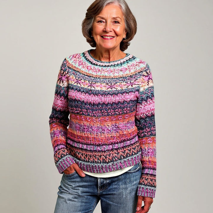Damen Strickpullover Isländisches Muster Rundhals Knit Sweater