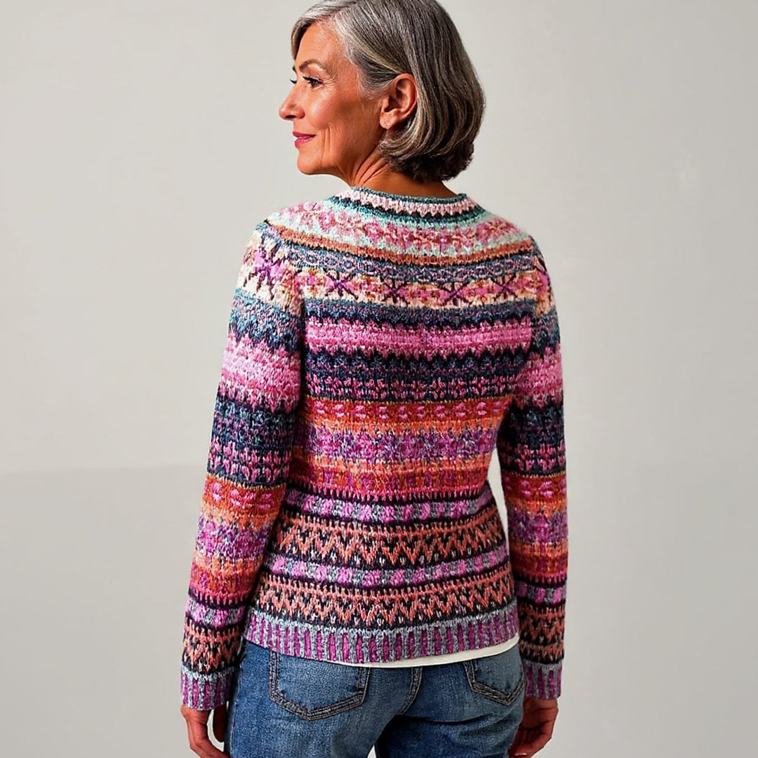 Damen Strickpullover Isländisches Muster Rundhals Knit Sweater