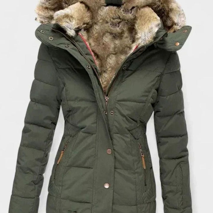 Damen Taillierte Gefütterte Winterjacke Abnehmbarer Kunstfell-Kapuze - Grün