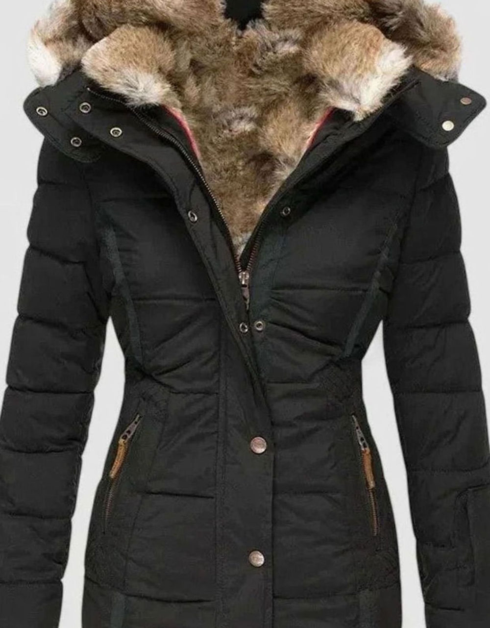 Damen Taillierte Gefütterte Winterjacke Abnehmbarer Kunstfell-Kapuze - Schwarz