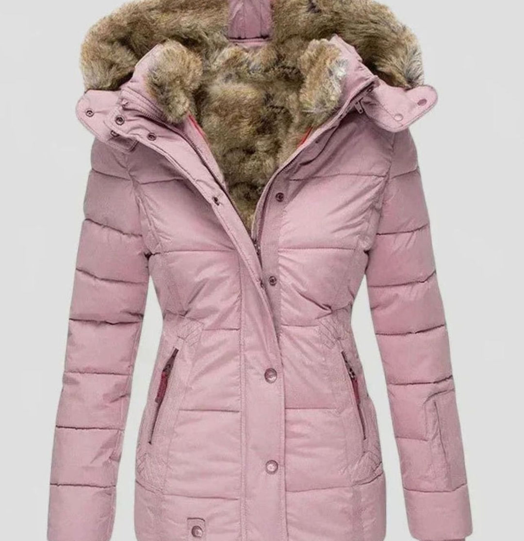 Damen Taillierte Gefütterte Winterjacke Abnehmbarer Kunstfell-Kapuze - Rosa